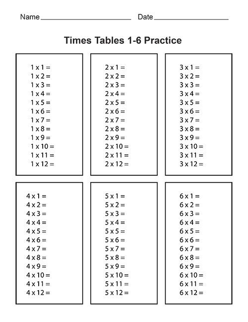 1 6 Times Tables Practice Printable Multiplication Worksheets 