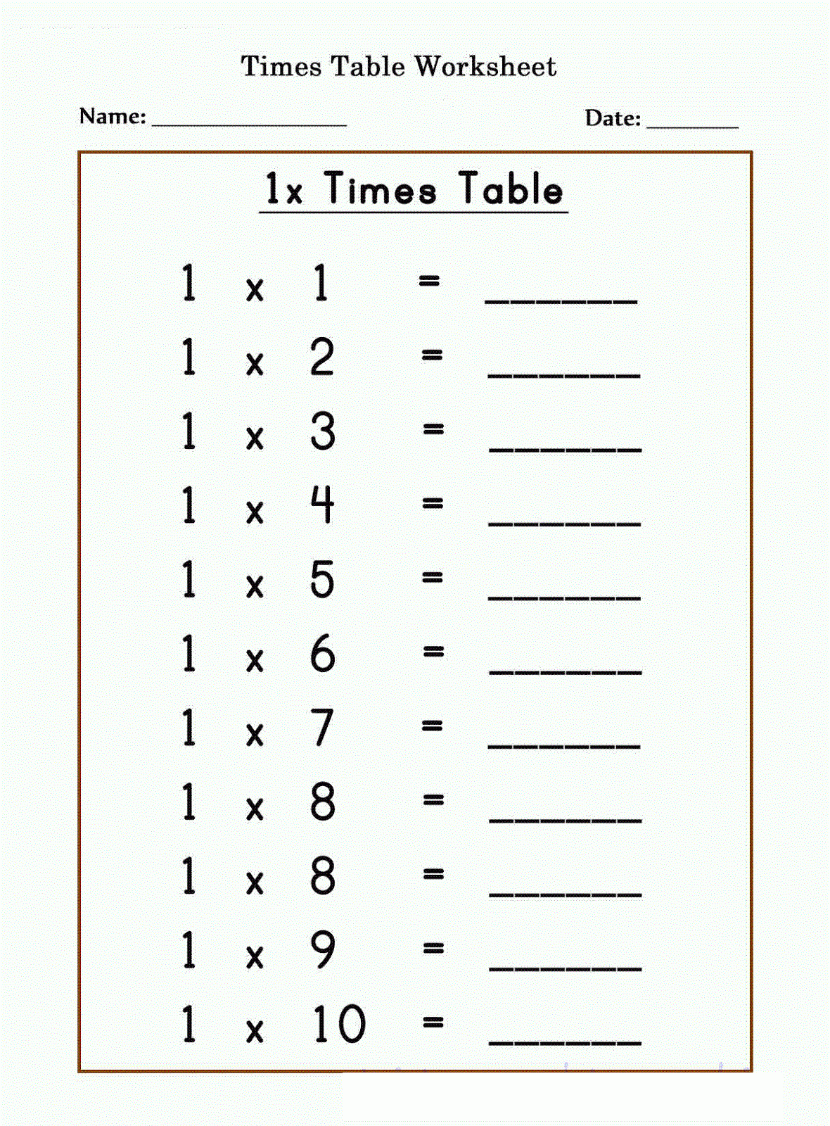 1 Times Tables Worksheets Activity Shelter