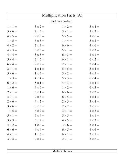 100 Horizontal Questions Multiplication Facts To 36 A 