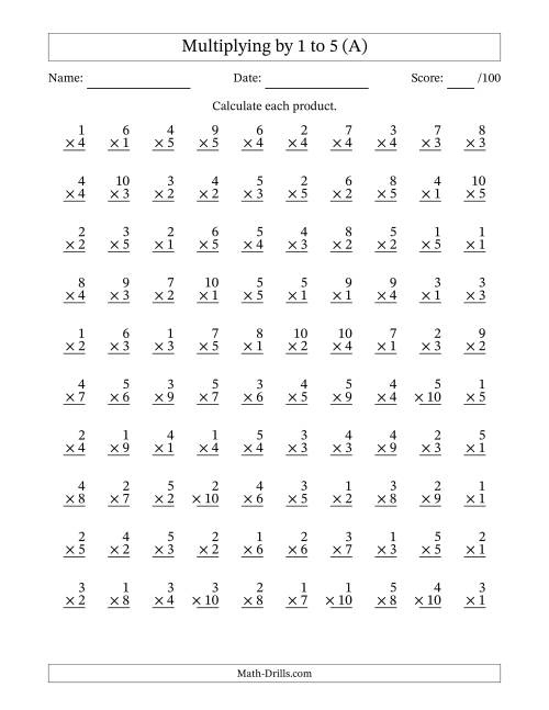 100 Vertical Questions Multiplication Facts 1 5 By 1 10 A 