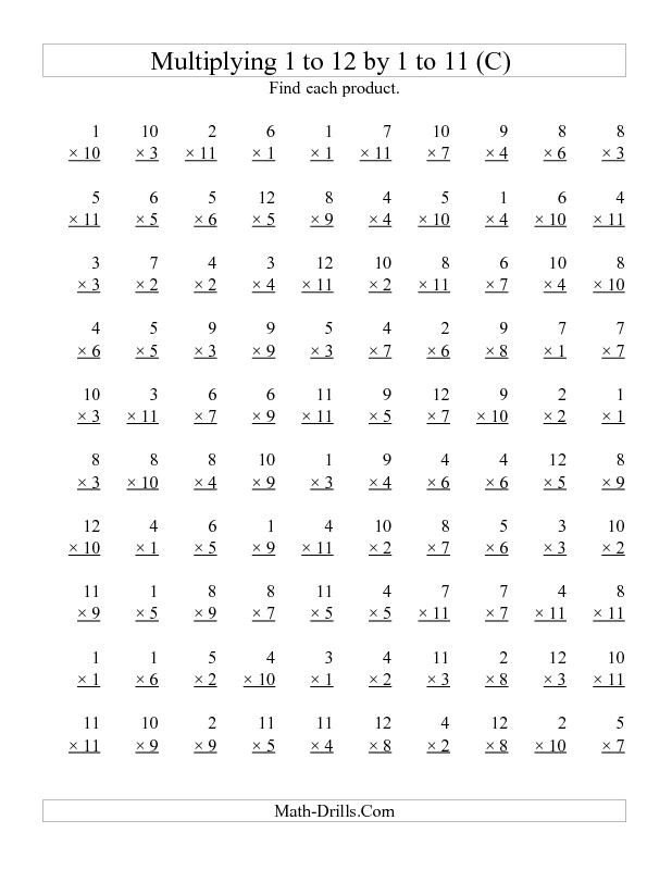 100 Vertical Questions Multiplying 1 To 12 By 1 To 11 Printable 