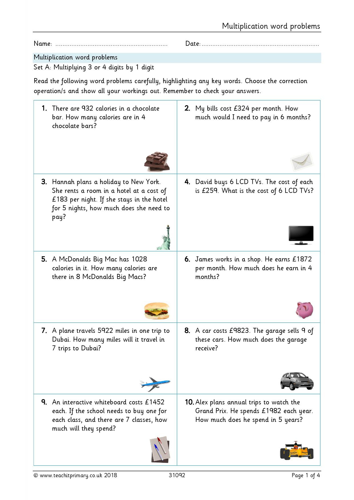 2 Digit Multiplication Word Problems Worksheet Times Tables Worksheets