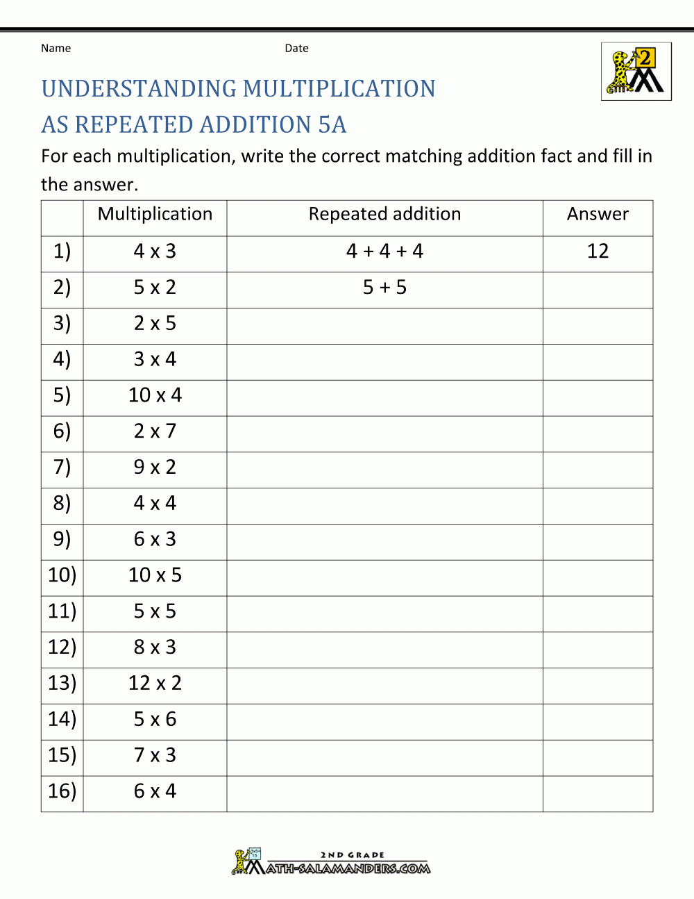 2nd Grade Array Worksheets Teaching Multiplication Repeated Addition 