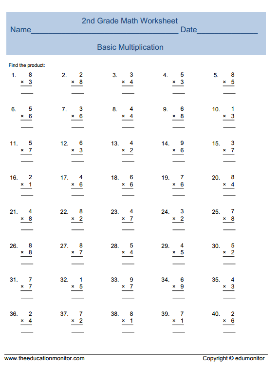 2nd Grade Math Worksheet Practice Basic Multiplication More