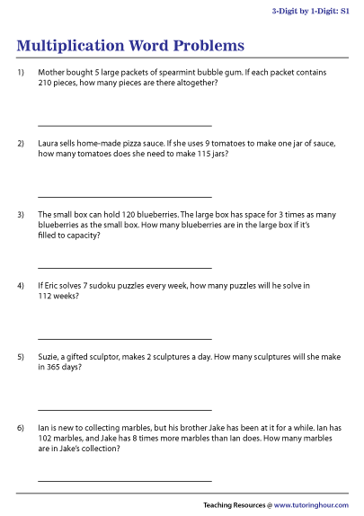 3 Digit By 1 Digit Multiplication Word Problems Worksheets