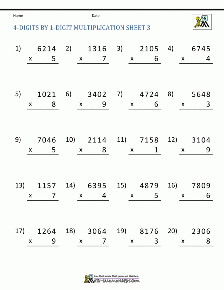 4 Digit Multiplication Worksheets