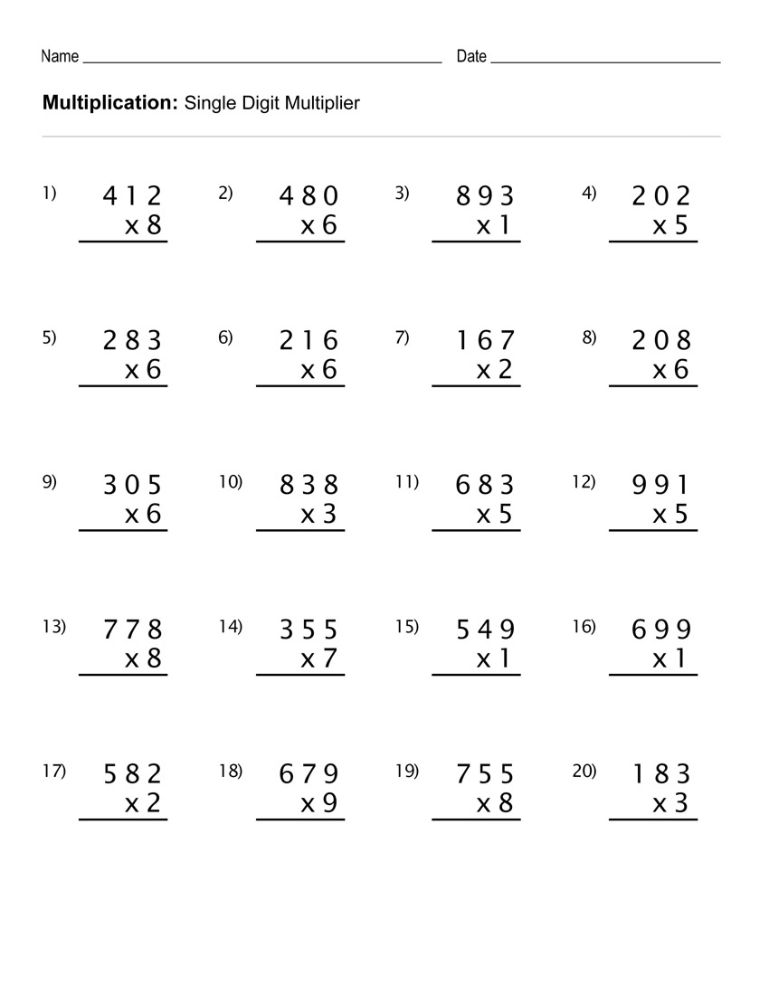 Free Printable Multiplication Worksheets Grade 4 Multiplication