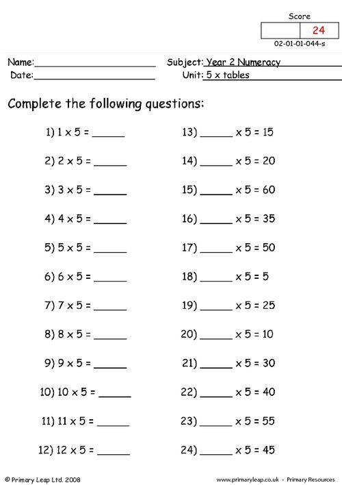 5 X Tables Worksheet Multiplication Worksheets Preschool Math 