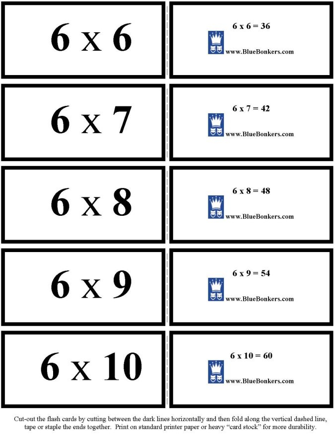 BlueBonkers Free Printable Multiplication Flash Cards SIXES 6 10 P2