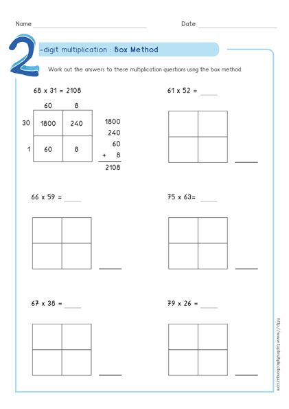 Box Method Multiplication 2 digit Numbers Worksheets PDF Partial 