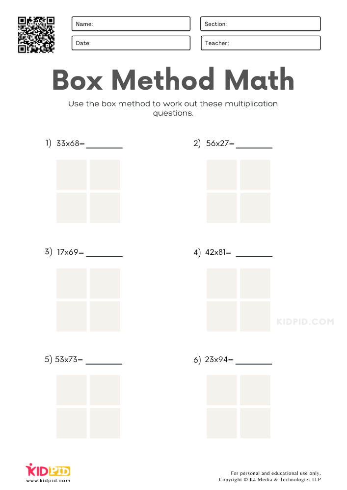 Box Method Multiplication Worksheets Kidpid