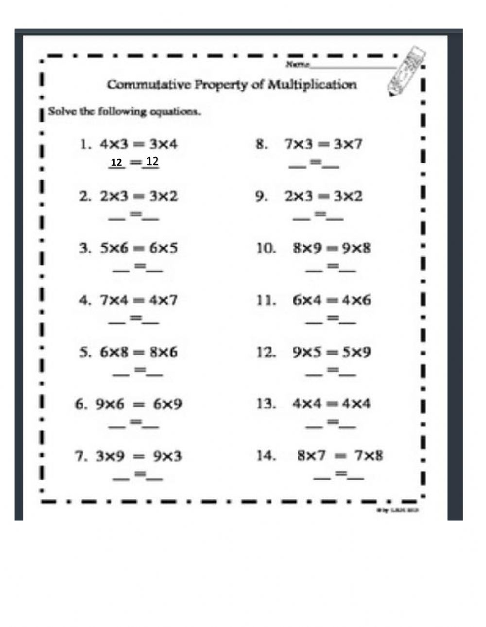 Commutative Property Of Multiplication Worksheets Grade 3 Times 