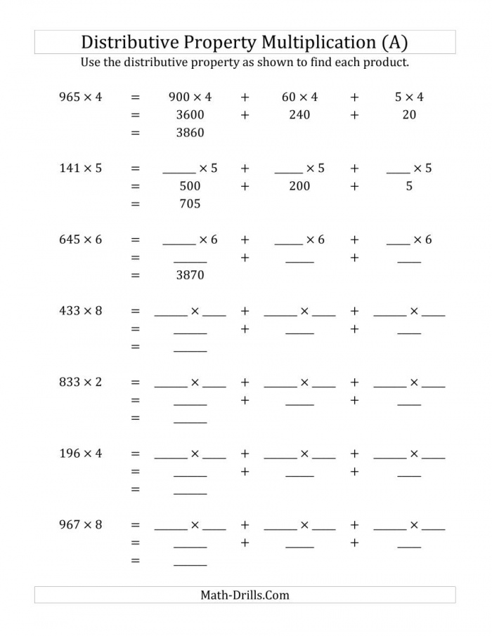Multiplication With Distributive Property Worksheets