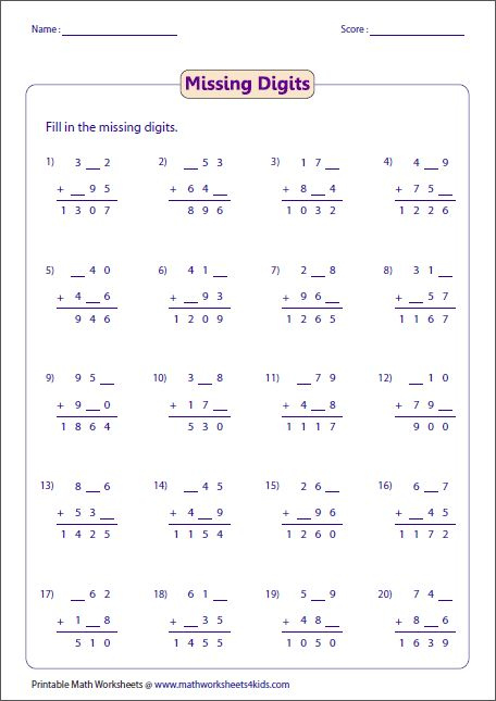 Find The Missing Digits Three Digit Addition Subtraction Worksheets 