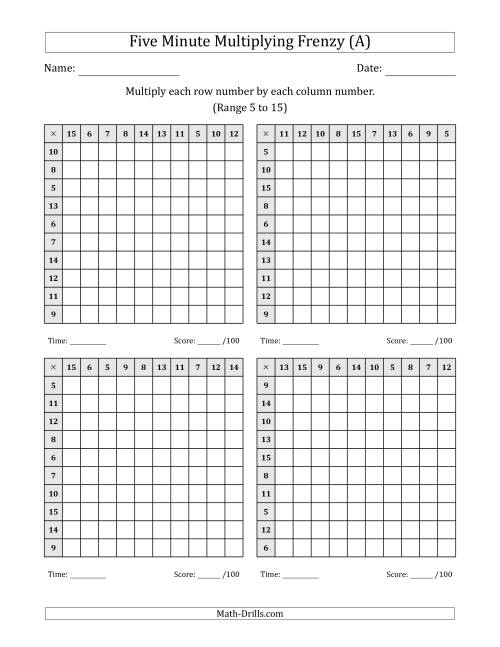 Five Minute Multiplying Frenzy Four Charts Per Page Range 5 To 15 