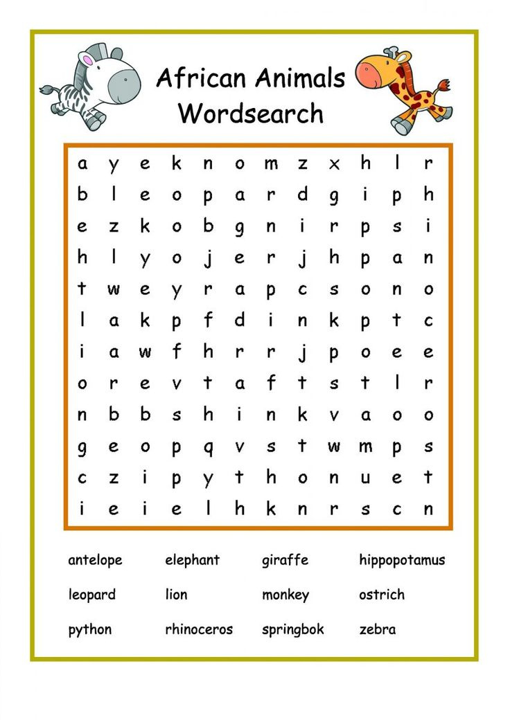 Free Easy Word Search African K5 Worksheets African Animals Easy 