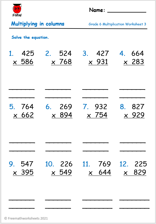 Printable Multiplication Worksheets For Grade 6