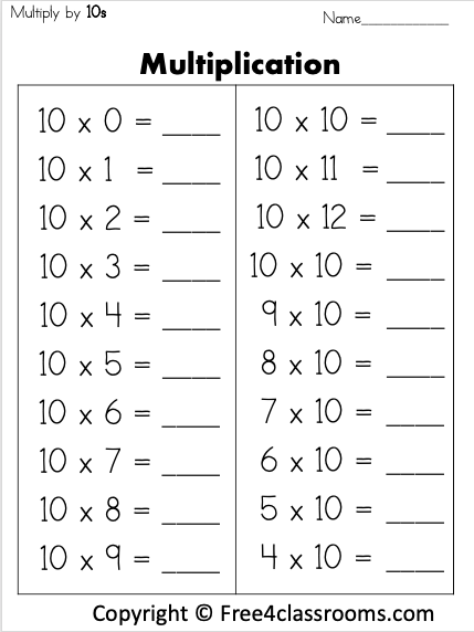 Free Multiplication Math Worksheet Multiply By 10s Free4Classrooms