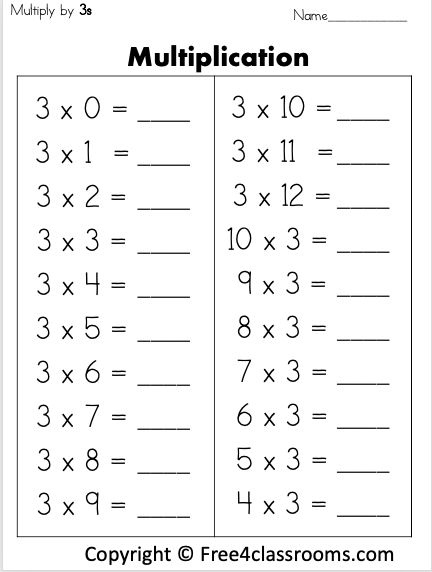 Free Multiplication Math Worksheet Multiply By 3s Free4Classrooms 