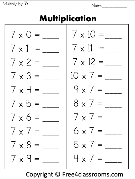 Free Multiplication Worksheets Printable 7s
