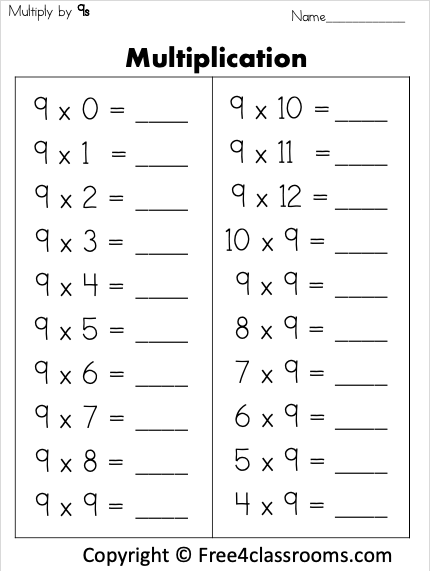 Free Multiplication Math Worksheet Multiply By 9s Free4Classrooms