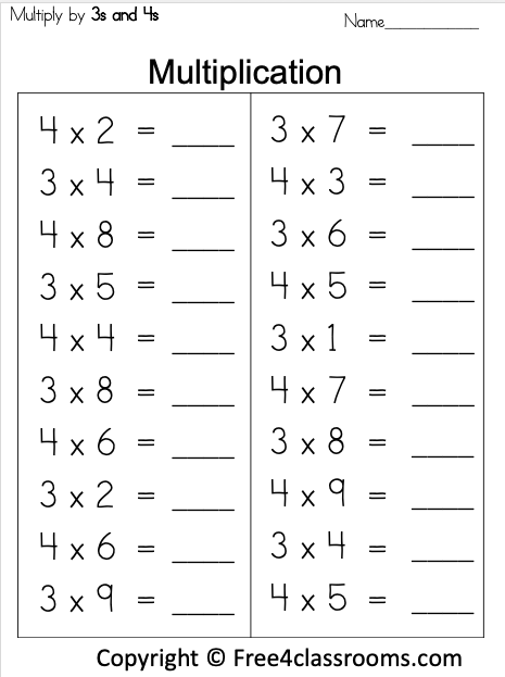 Free Multiplication Worksheet 3s And 4s Free4Classrooms