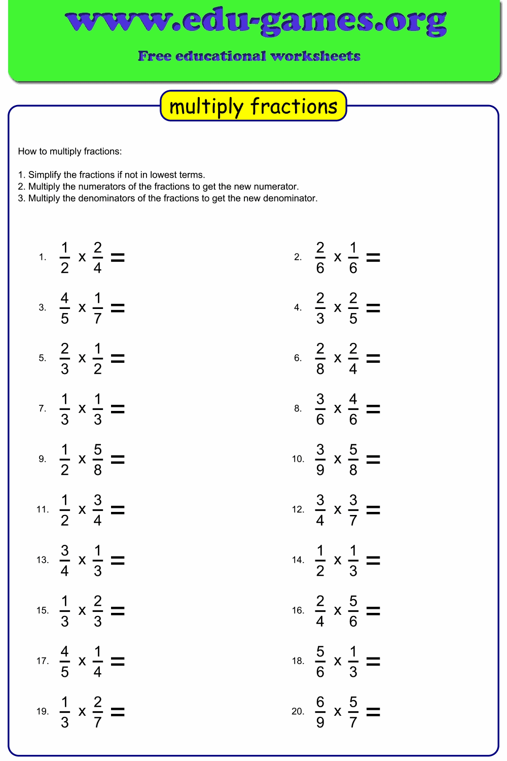 Free Multiply Fraction Worksheet Maker Fractions Worksheets Math 