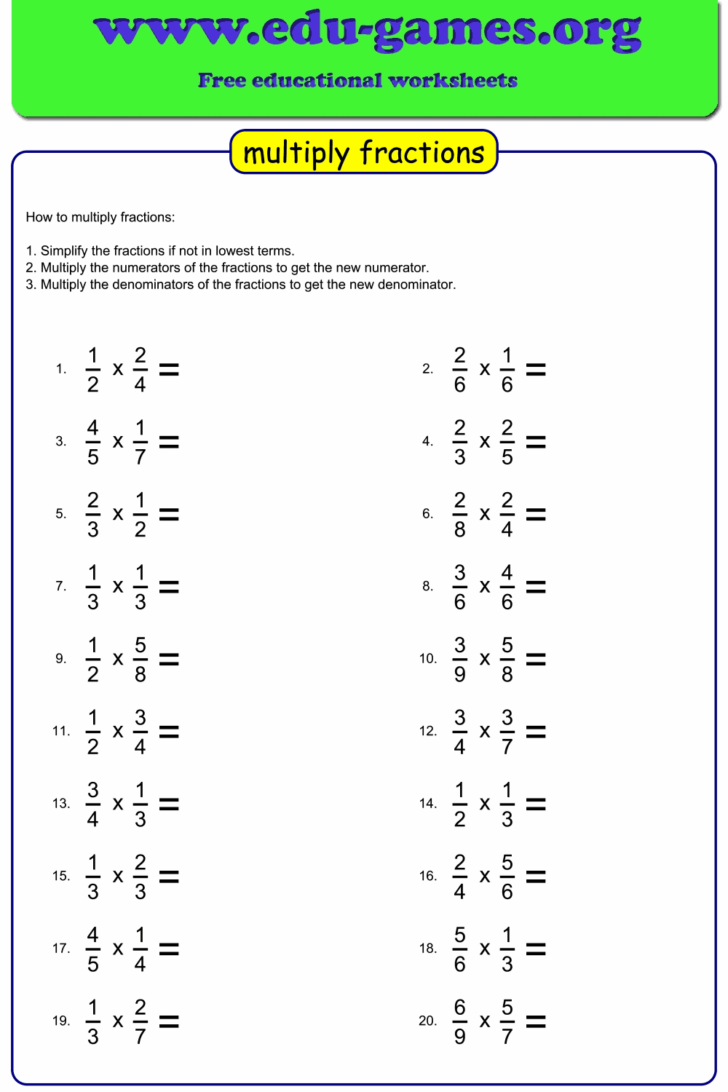 Multiplication Fractions Worksheets