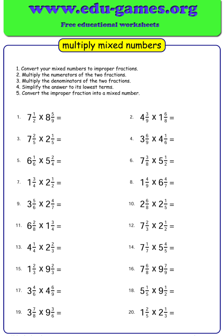 Mixed Number Multiplication Worksheet