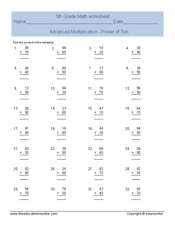 Free Printable Fifth Grade Multiplication Worksheets Archives EduMonitor