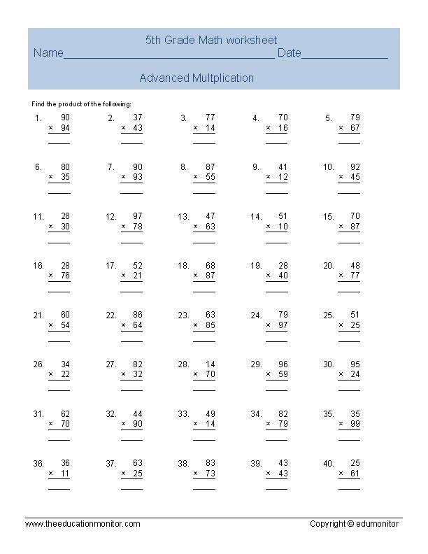 Free Printable Fifth Grade Multiplication Worksheets Archives EduMonitor