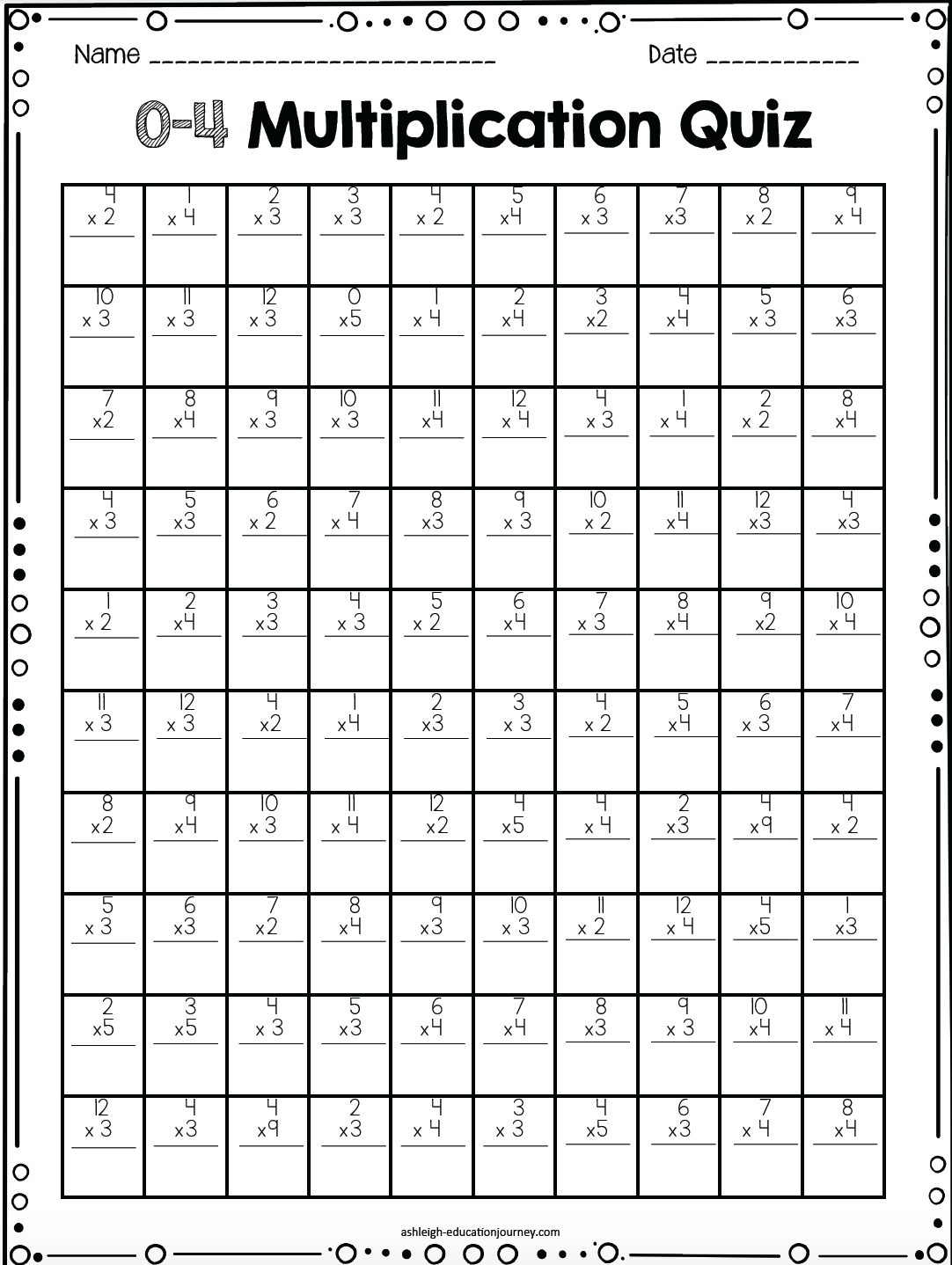 Multiplication Fact Quiz Printable Multiplication Worksheets