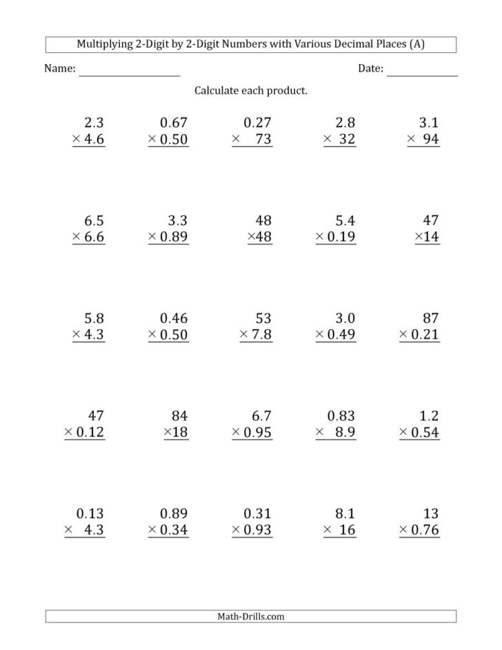 Multiplication Decimals Worksheets