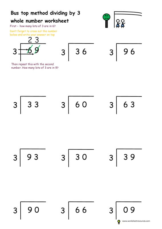 Free Printable Worksheet Bus Stop Method Divide By 3 Homework Year 2 