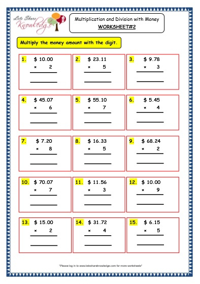 Grade 3 Maths Worksheets 10 3 Multiplication And Division With Money 