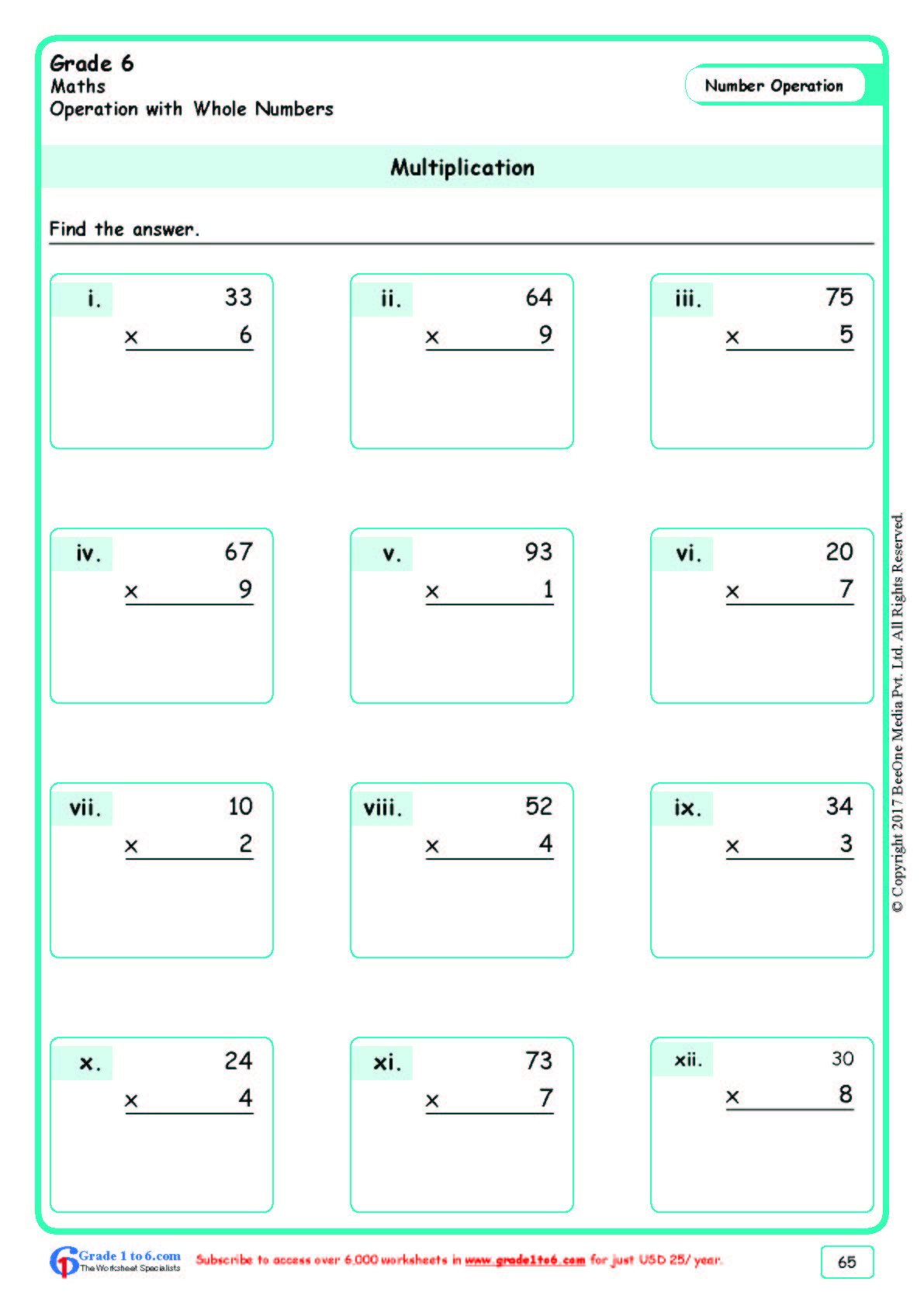 Grade 6 Multiplication Worksheets www grade1to6