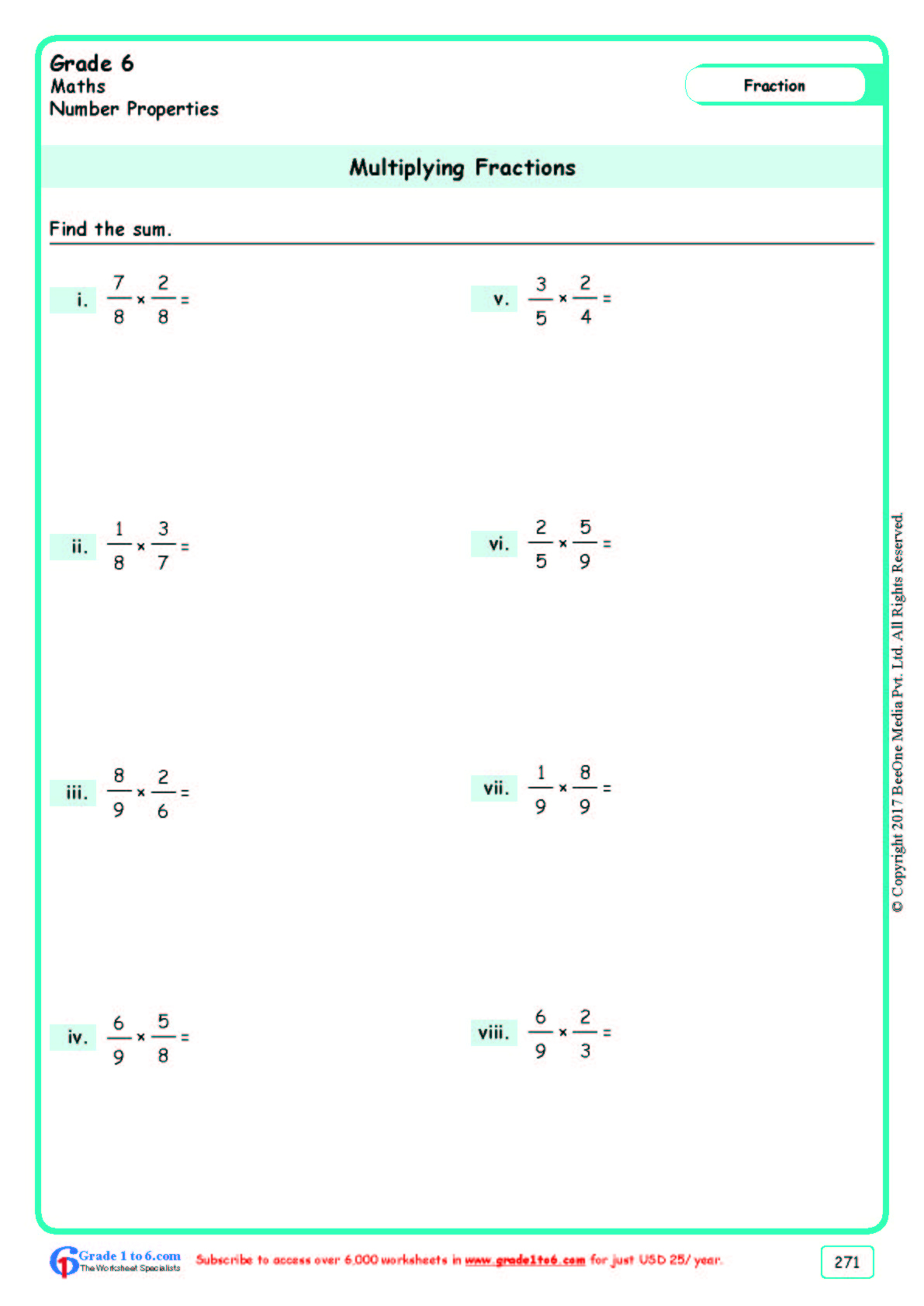 Grade 6 Multiplying Fractions Worksheets www grade1to6