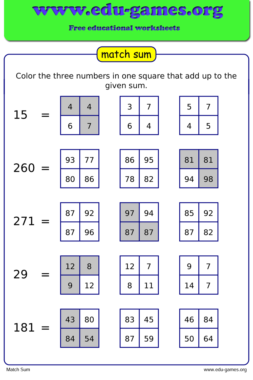 Match Sum Maker Free Math Worksheets