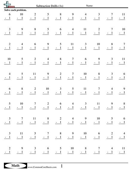 Math Drills Worksheets Subtraction Drills 1s Worksheet 