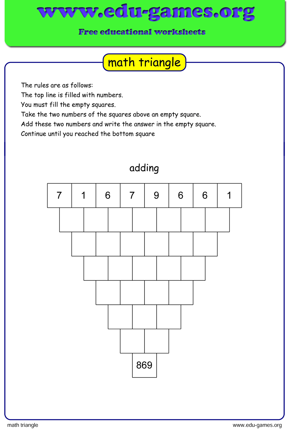 Math Triangle Puzzle Worksheet Maker Edu games