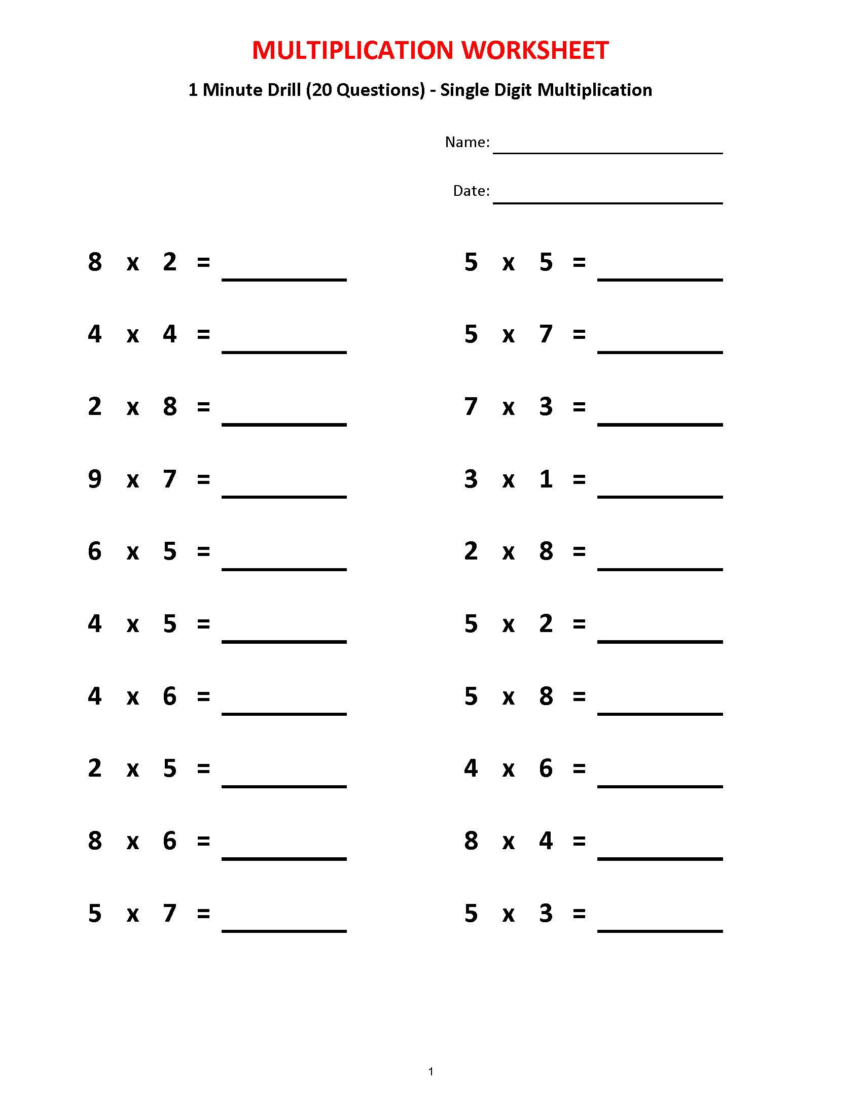 Multiplication 1 Minute Drill H 10 Math Worksheets With Etsy In 2021 