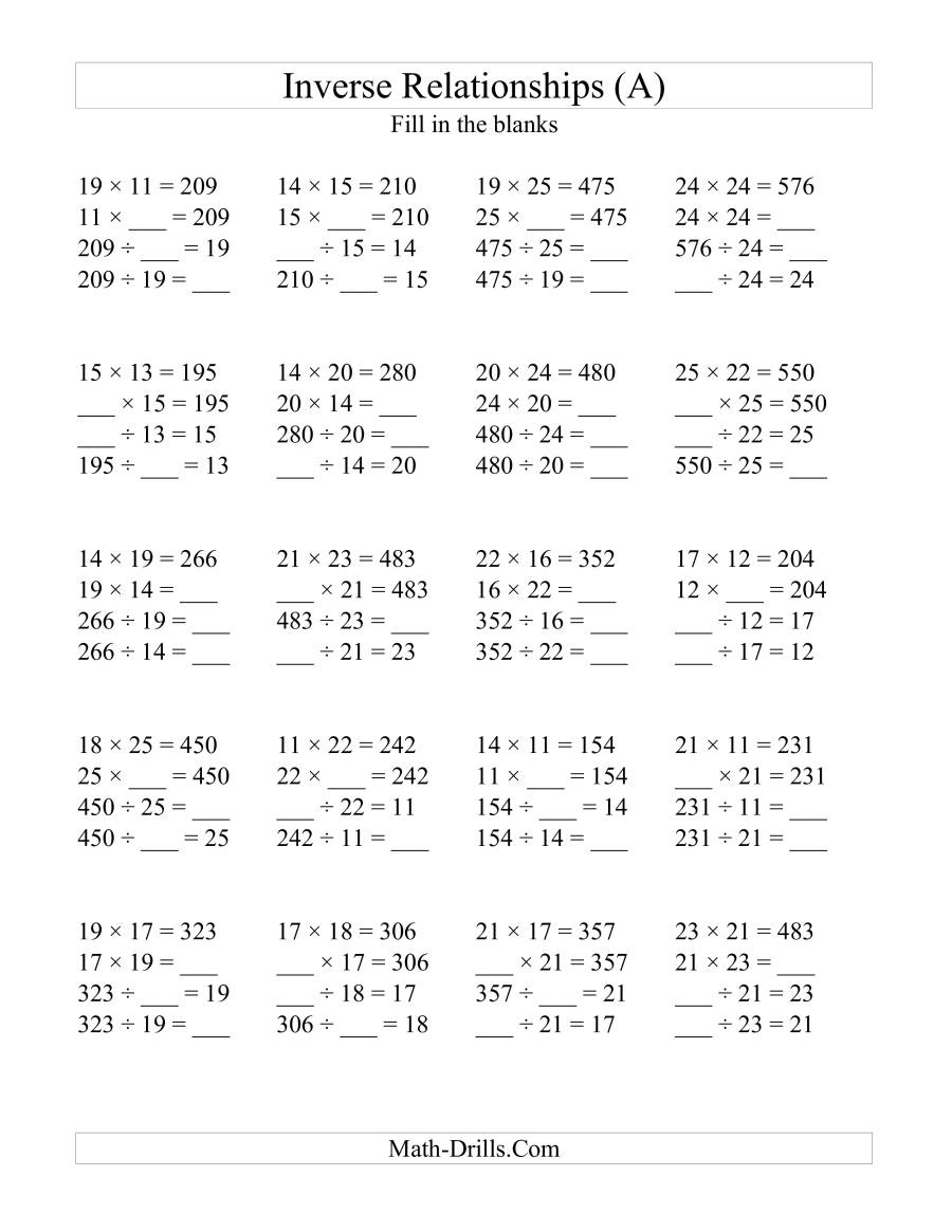 Multiplication And Division Relationship Worksheets Times Tables 