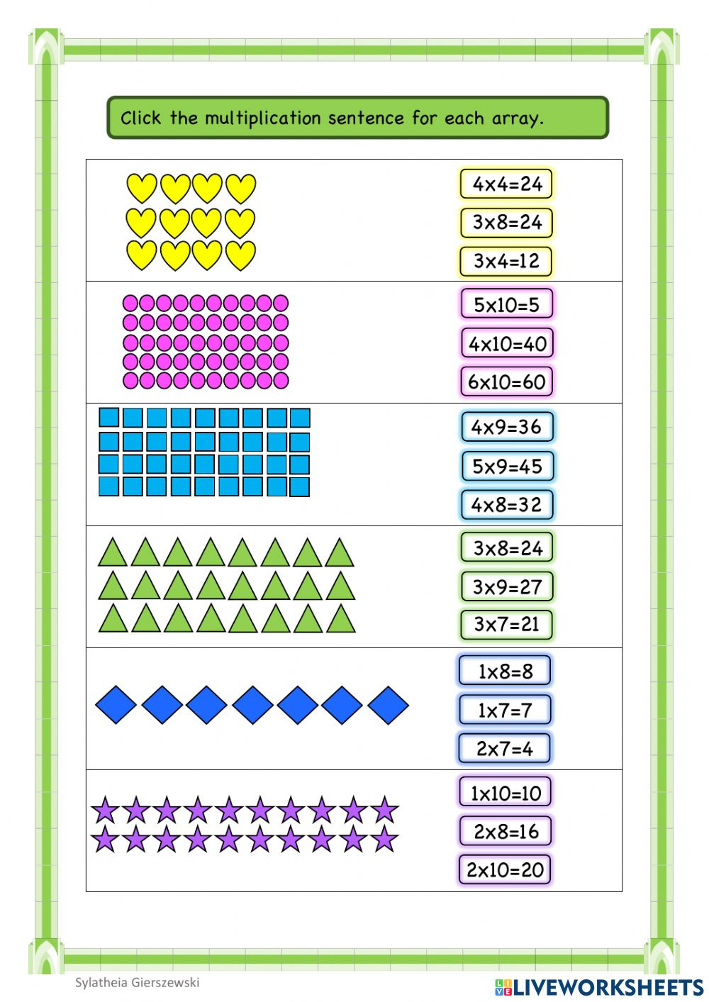 Multiplication arrays Interactive Worksheet