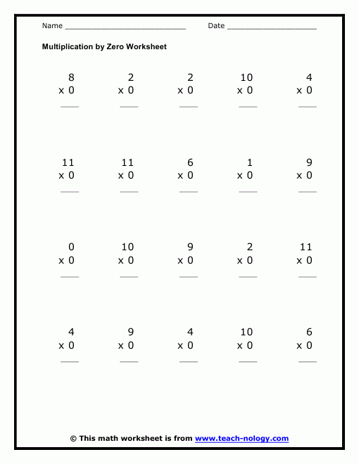 Multiplication By Zero And One Worksheets