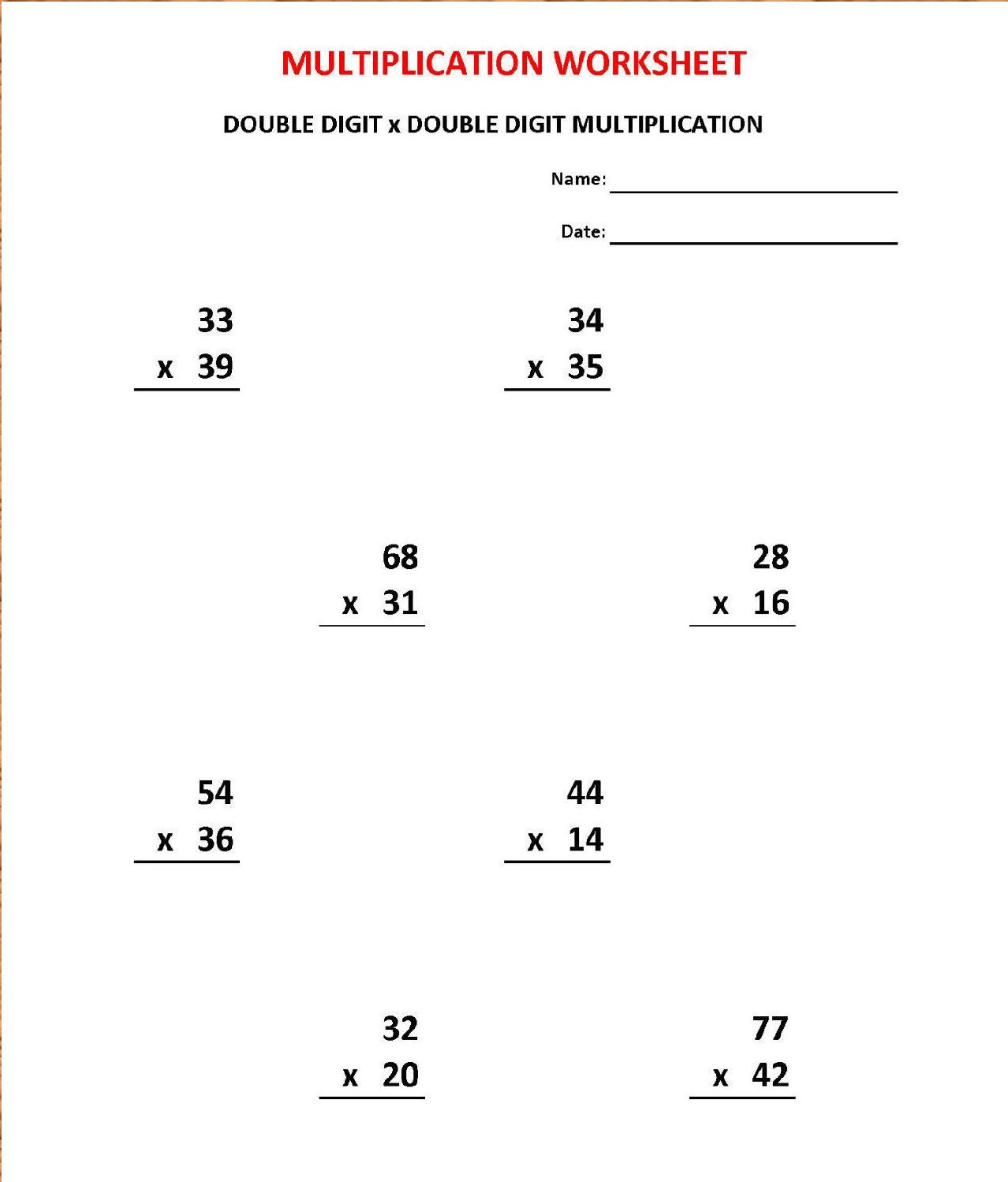 Multiplication Double Digit Math Worksheets With Answers pdf Year 3 