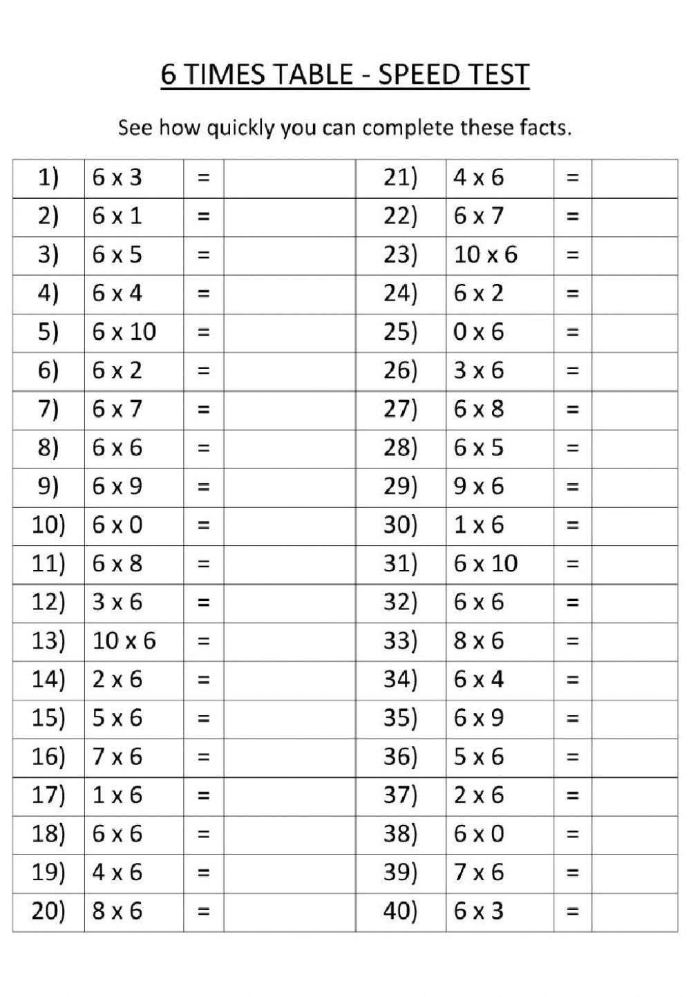 Multiplication Drill X6 Worksheet