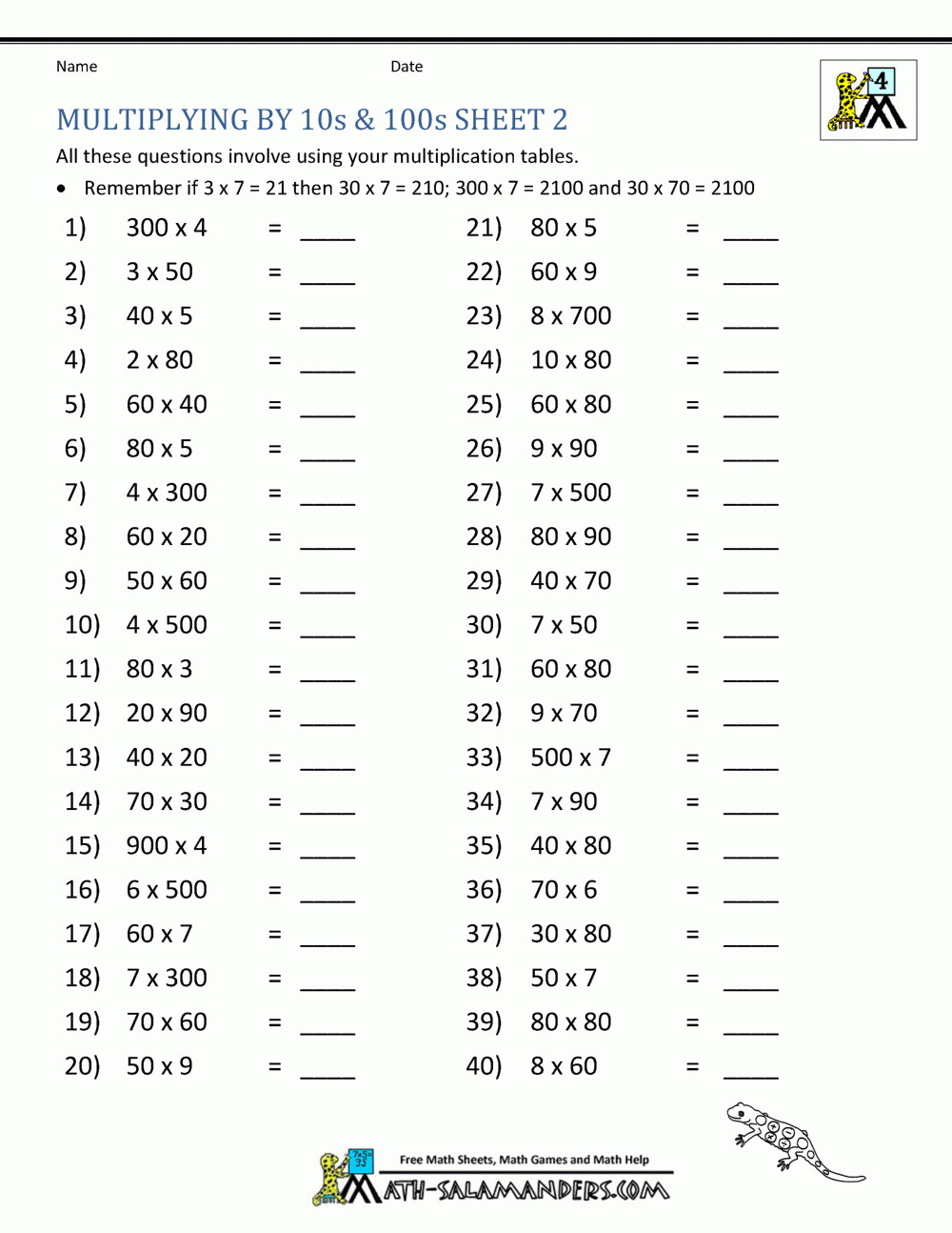 Multiplication Fact Sheets