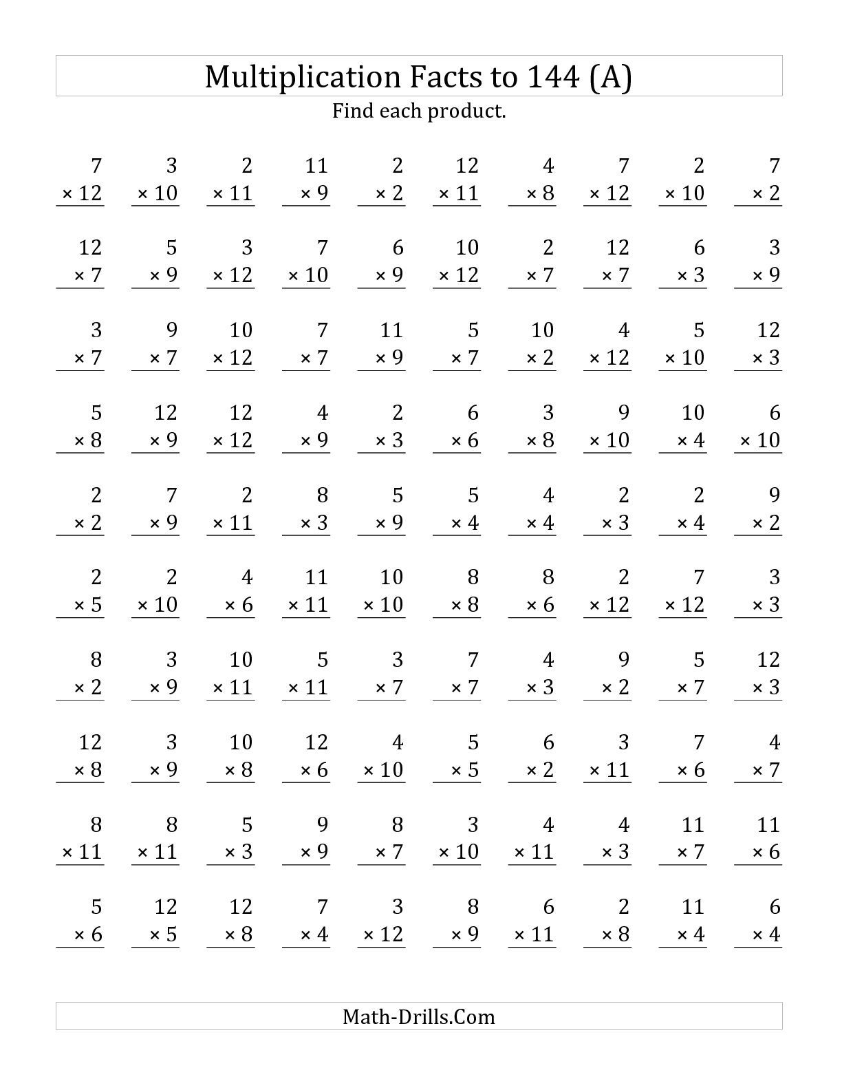 Multiplication Facts To 144 No Zeros No Ones A Multiplication 