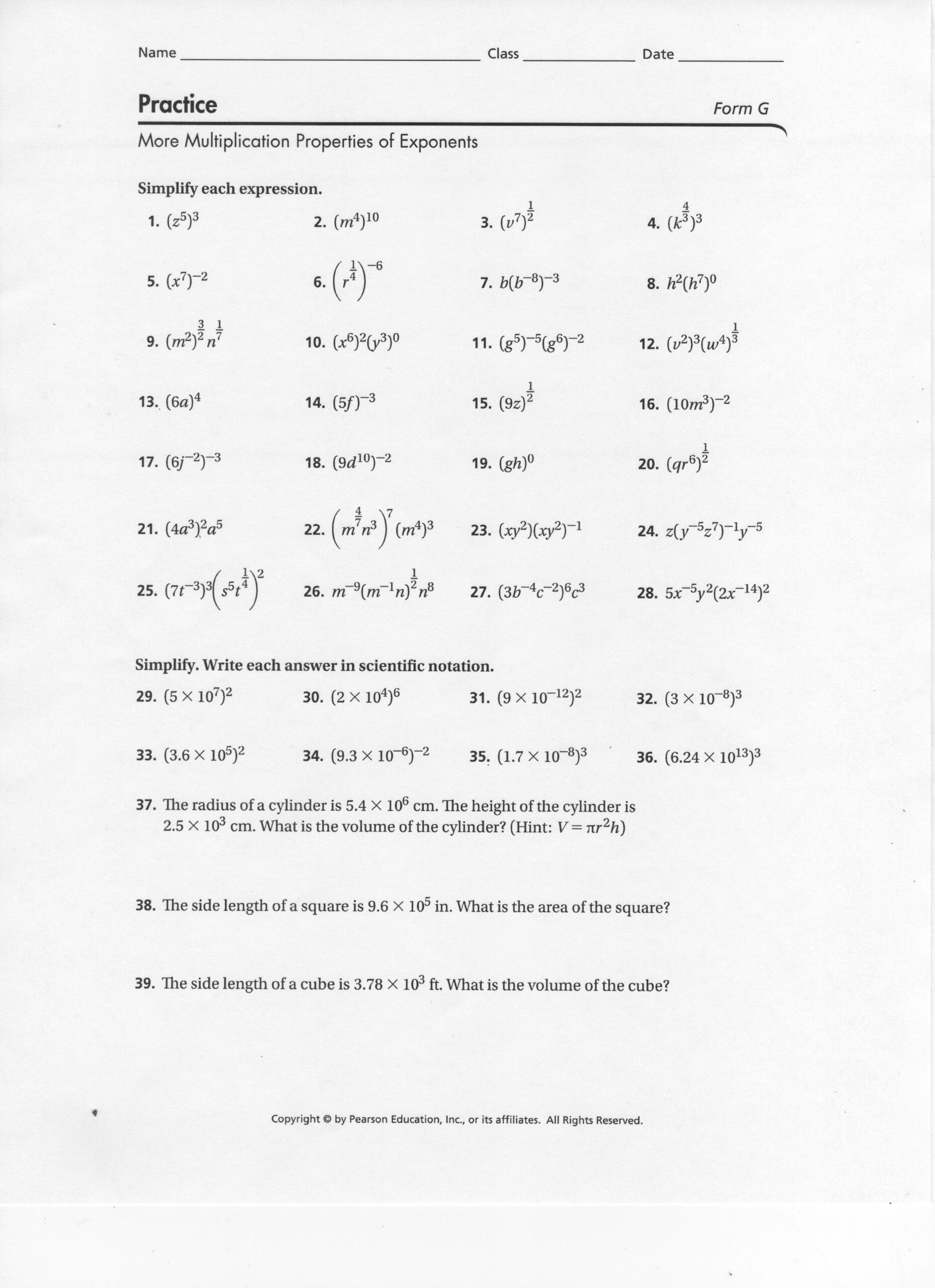 Multiplication Properties Of Exponents Worksheets Answers