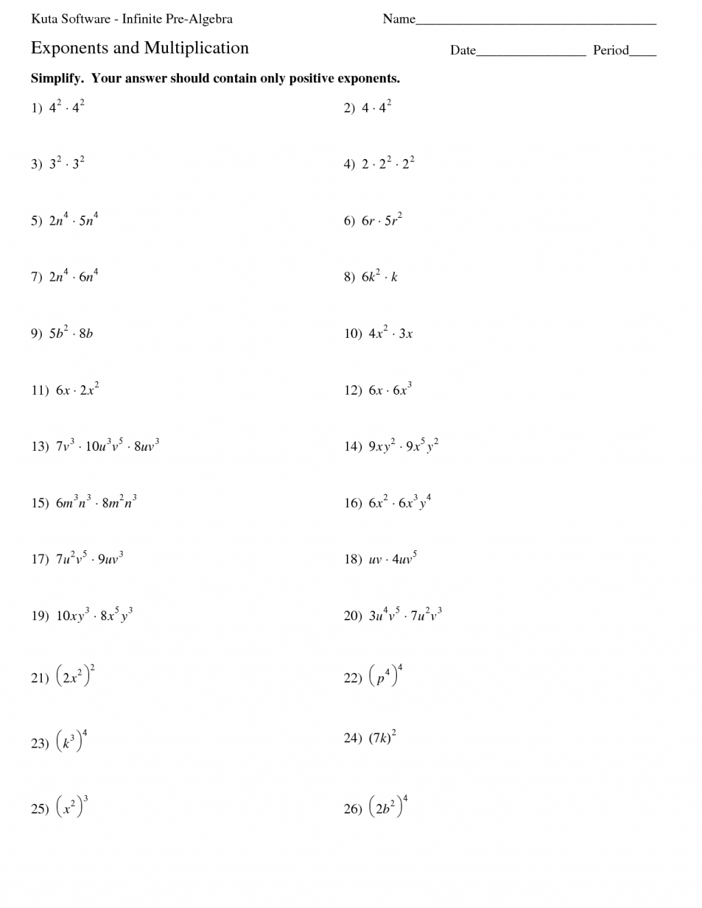 Multiplication With Exponents Worksheet Multiplication Worksheets